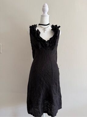Black Goth Ruffle V-Neck Dress Summer Linen Dress
